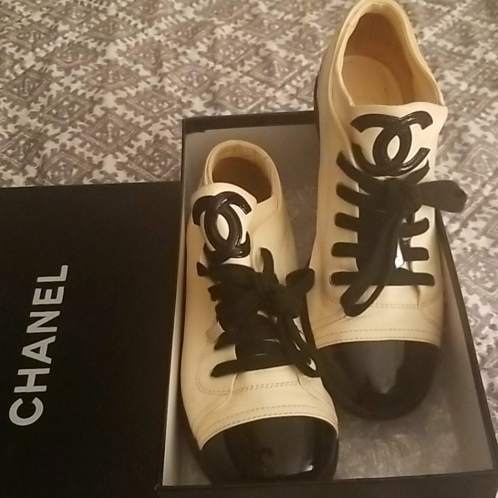 Cream and Black Chanel sneakers